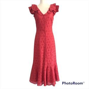 ANTONIO MELANI Cotton Eyelet Midi Dress Button Front Sleeveless Coral Size 4 New
